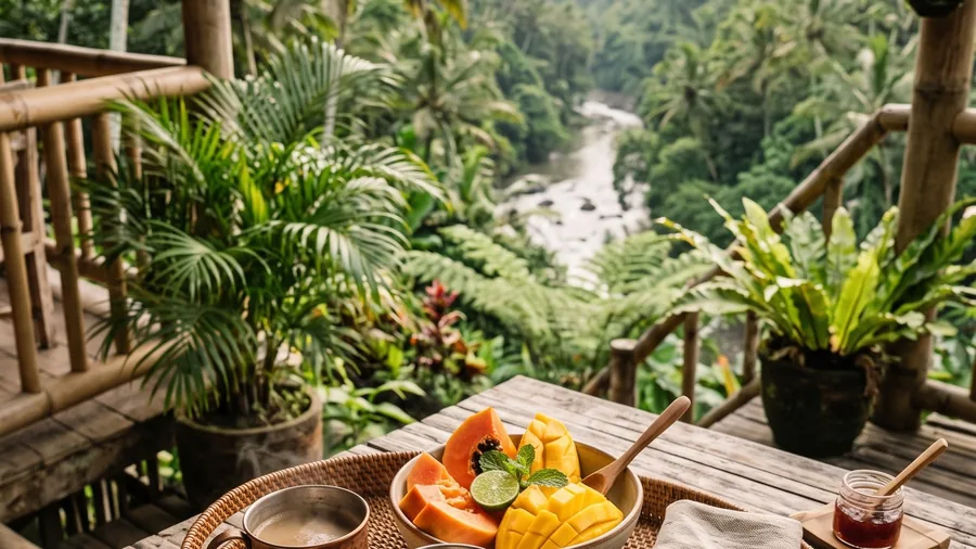 Illustrative image for Bambu Indah: Antique Javanese houses and bamboo nests on a ridge above the Ayung