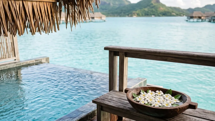 Illustrative image for Le Bora Bora by Pearl Resorts: A Polynesian owned motu resort with pool villas and Mount Otemanu across the lagoon